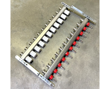 Коллекторная группа 1" Uni-Fitt 450Bнерж. сталь 11 выходов 3/4" с расходомерами и термостатическими вентилями без концевиков