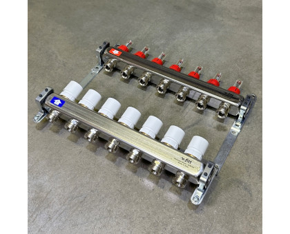 Коллекторная группа 1" Uni-Fitt 450Bнерж. сталь 7 выходов 3/4" с расходомерами и термостатическими вентилями без концевиков