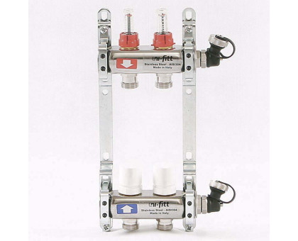 Коллекторная группа из нержавеющей стали с термостатическими вентилями и расходомерами UNI-FITT 1"x3/4"ЕК 2 выхода