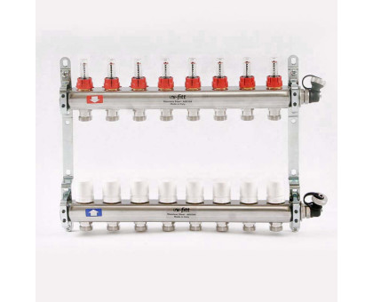 Коллекторная группа из нержавеющей стали с термостатическими вентилями и расходомерами UNI-FITT 1"x3/4"ЕК 8 выходов