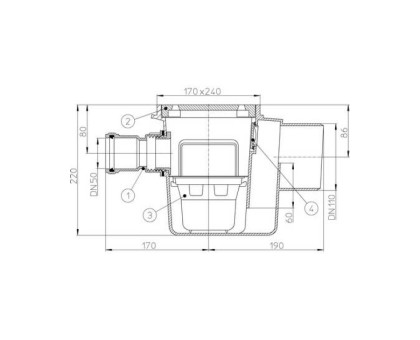 Трап Hutterer & Lechner с решеткой из ABS 170x240мм, с грязесборником, DN 110/50