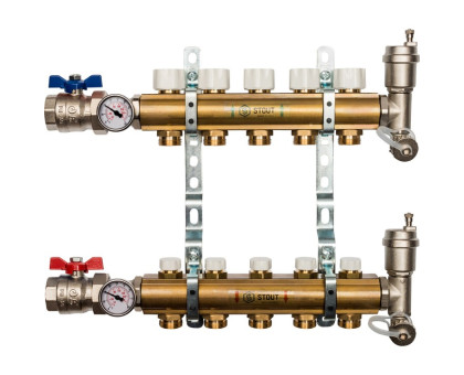 Распределительный коллектор Stout из латуни без расходомеров 5 вых. (SMB-0468-000005)