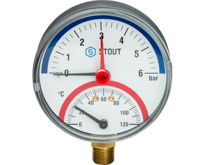 Термоманометр Stout радиальный в комплекте с автоматическим запорным клапаном. Корпус Dn 80мм 1/2", 0...120°C, 0-6 бар. (SIM-0006-800615)